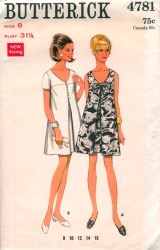 4781 Butterick 1968 SHORTER SLEEVELESS/ SS PLEAT V-DRESS PATTERN 12 34B UNCUT